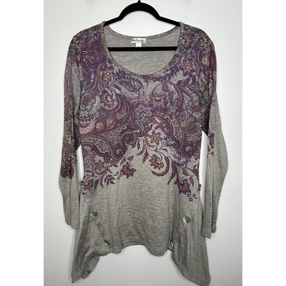 World Unity Y2K Gray Purple Long Sleeve Button Detail Floral Shirt Size Large